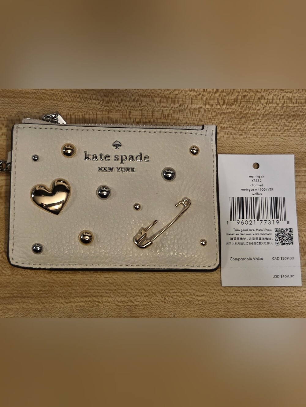 Kate Spade NWT Creme Embelished Silver & Gold Card Holder With Keychain